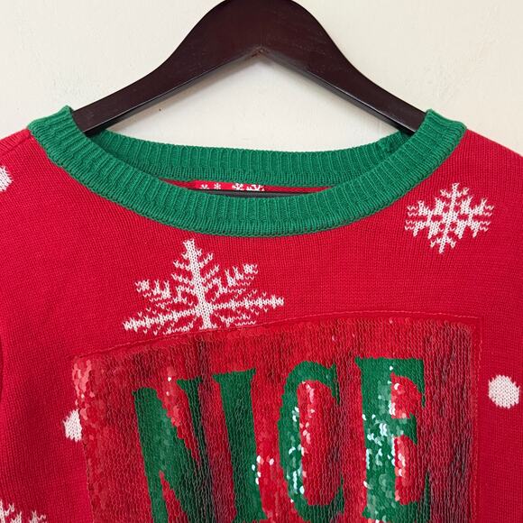 Ugly Christmas Sweater Red Green Sequin Change Naughty Nice Pullover Sweater M - Picture 4 of 11